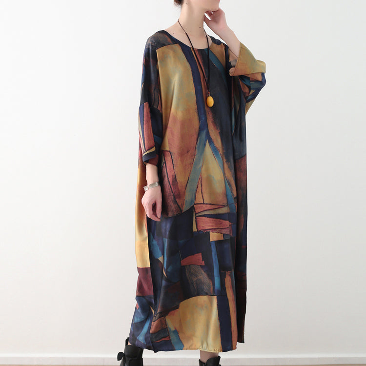 Yellow Blue Prints Chiffon Maxi Dress Loose Fitting O Neck Chiffon Maxi Dress Half Sleeve Caftans