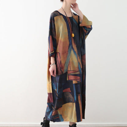 Yellow Blue Prints Chiffon Maxi Dress Loose Fitting O Neck Chiffon Maxi Dress Half Sleeve Caftans