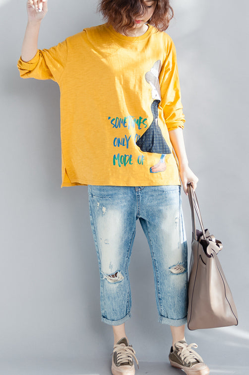 Yellow Cotton Linen Tops Wardrobes O Neck Long Sleeve Loose Spring Top