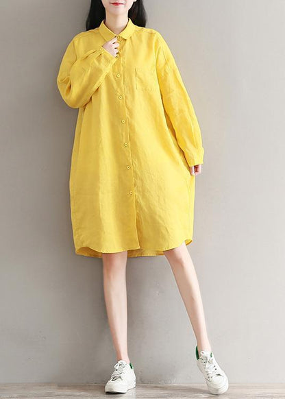 Yellow Linen Clothes for Fine Design Lapel Spring Shirt Dresses