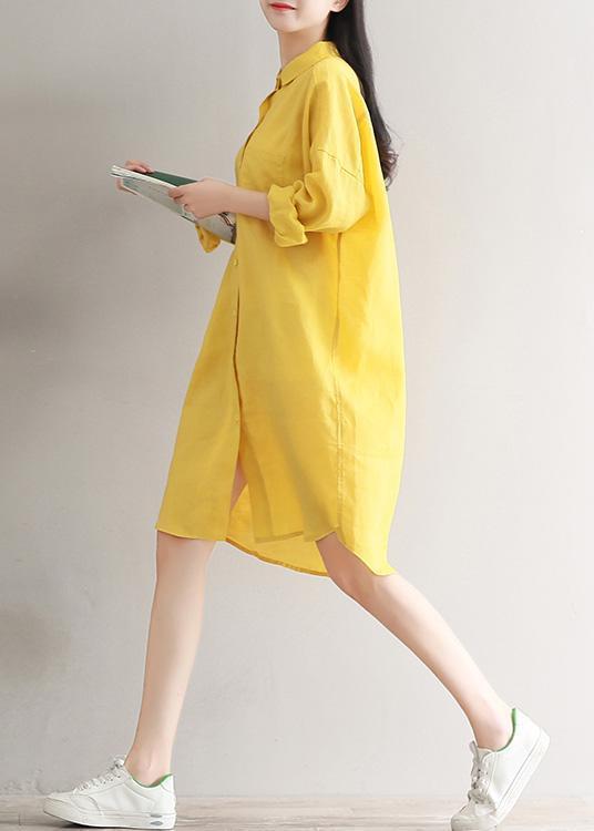 Yellow Linen Clothes for Fine Design Lapel Spring Shirt Dresses