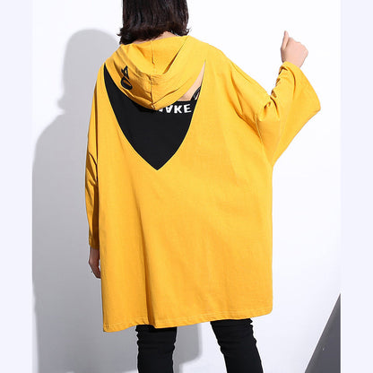 Elegant yellow natural cotton t shirt trendy plus size hooded traveling clothing vintage back side open cotton t shirt