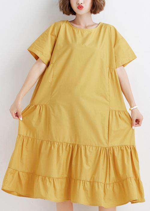 Yellow O Neck Cotton Tunics Ruffles Robe Summer Dresses