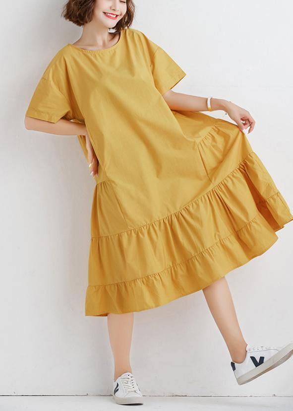 Yellow O Neck Cotton Tunics Ruffles Robe Summer Dresses