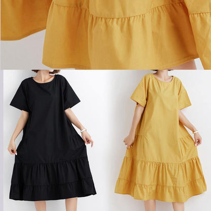 Yellow O Neck Cotton Tunics Ruffles Robe Summer Dresses
