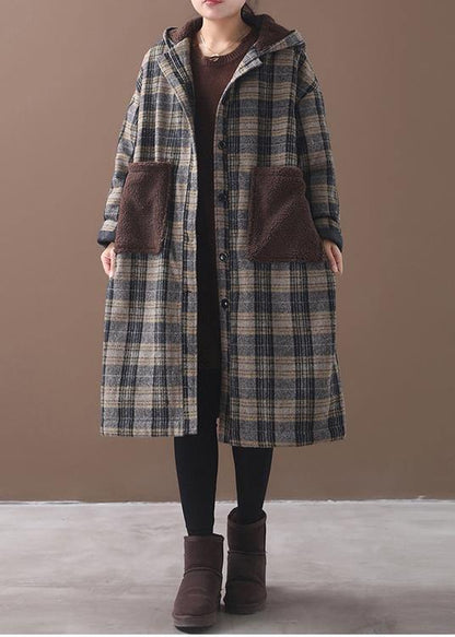 Yellow Plaid Long Coats Wardrobes Patchwork Pockets Hooded Coat
