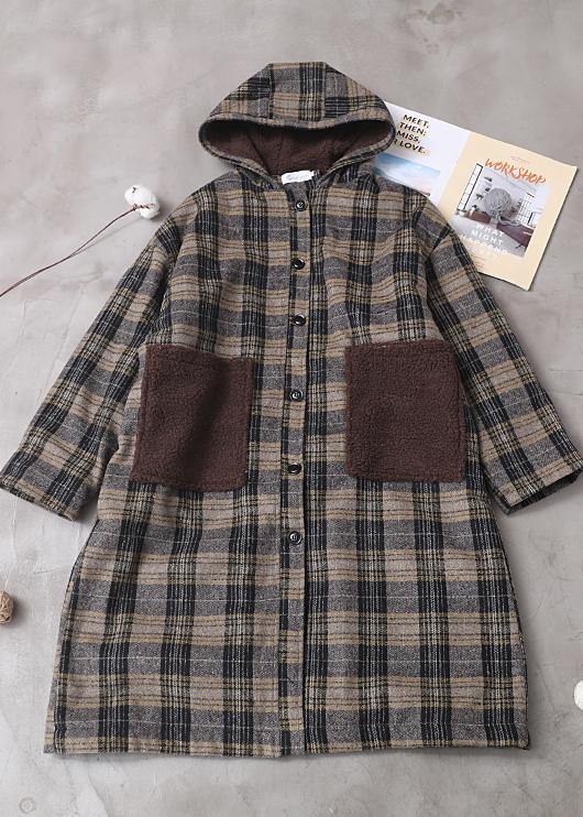 Yellow Plaid Long Coats Wardrobes Patchwork Pockets Hooded Coat