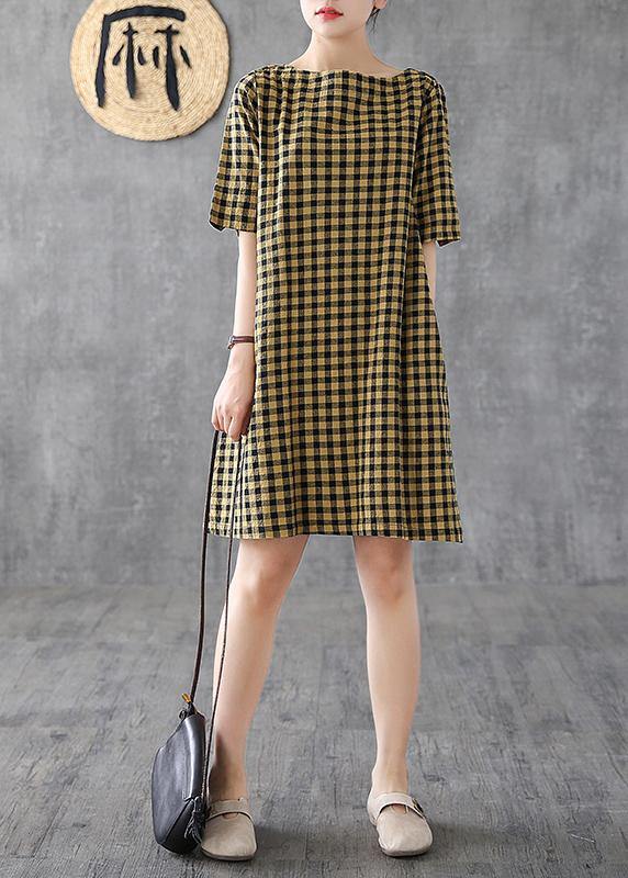 Yellow Plaid Linen Tunics O Neck Half Sleeve Midi Summer Dress