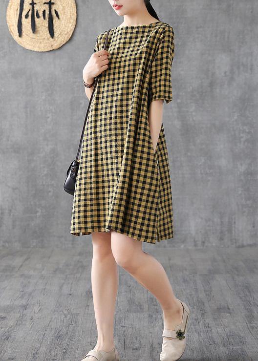 Yellow Plaid Linen Tunics O Neck Half Sleeve Midi Summer Dress