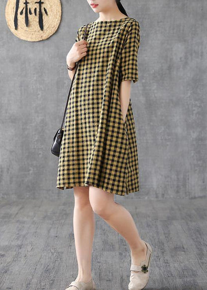 Yellow Plaid Linen Tunics O Neck Half Sleeve Midi Summer Dress