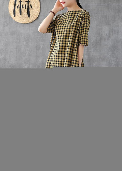 Yellow Plaid Linen Tunics O Neck Half Sleeve Midi Summer Dress