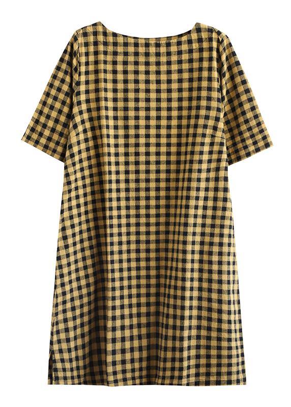 Yellow Plaid Linen Tunics O Neck Half Sleeve Midi Summer Dress