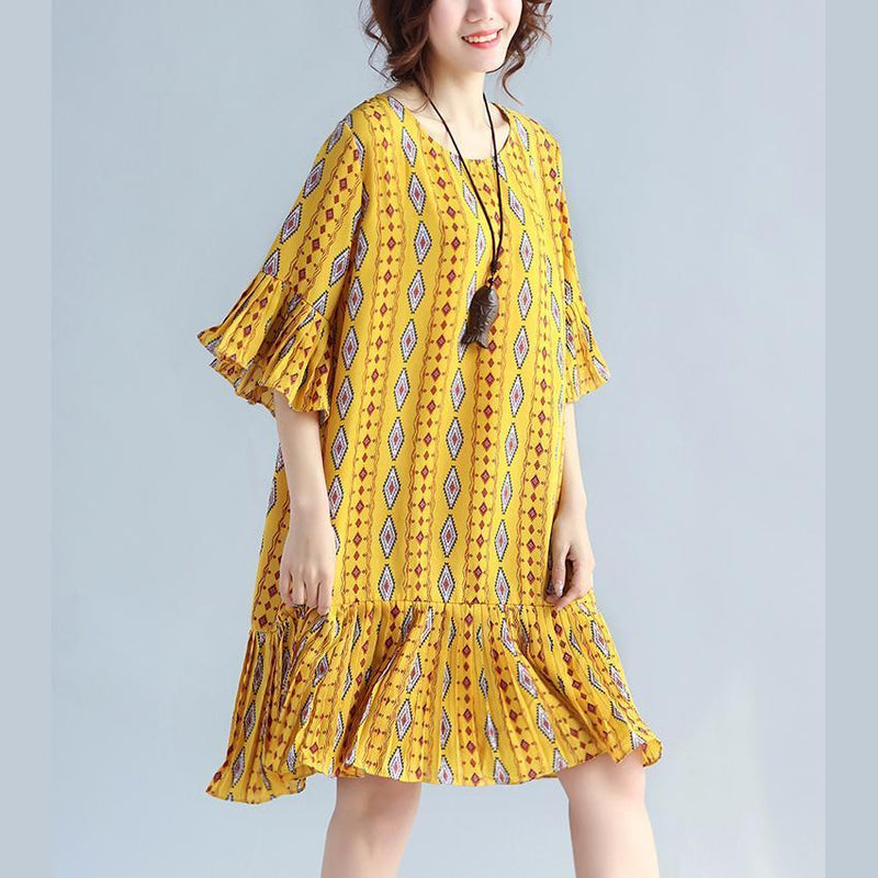 Yellow Prints Chiffon Shift Dresses Oversized Chiffon Clothing Dresses Ruffles Hem Ruffles Sleeve Dress