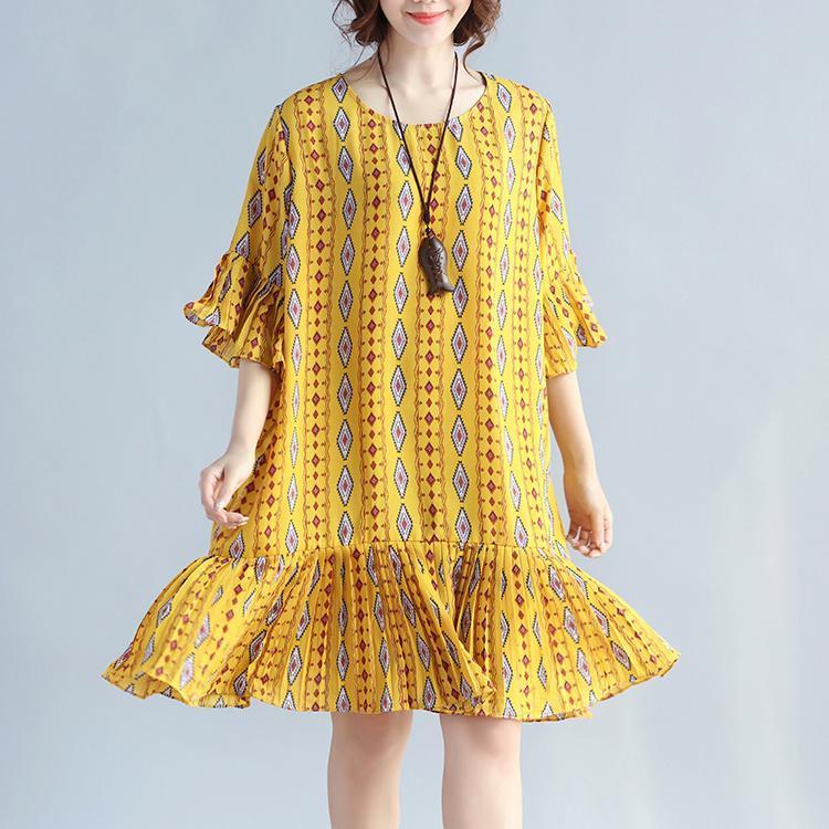 Yellow Prints Chiffon Shift Dresses Oversized Chiffon Clothing Dresses Ruffles Hem Ruffles Sleeve Dress