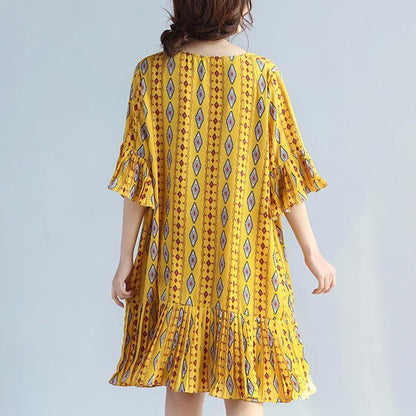 Yellow Prints Chiffon Shift Dresses Oversized Chiffon Clothing Dresses Ruffles Hem Ruffles Sleeve Dress
