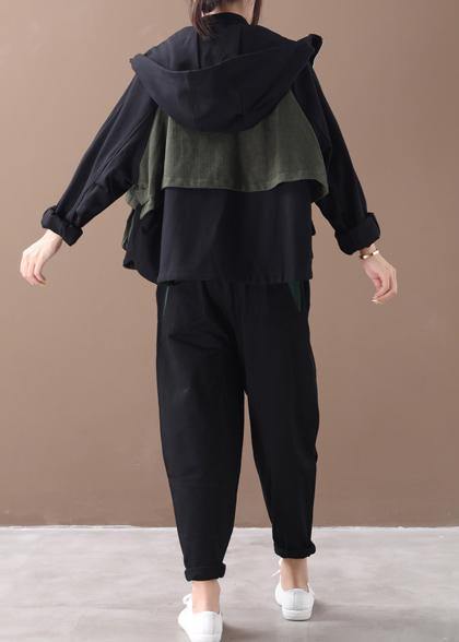 Zippered Cotton Fall Clothes for Outfits Black Patchwork Green Blouses