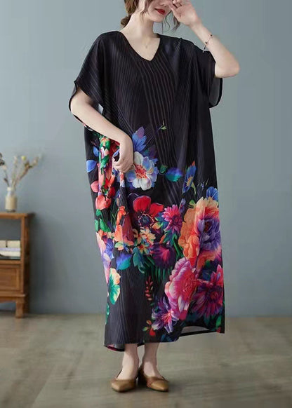 Black Print Asymmetrical Design Patchwork Silk Ankle Dress Summer