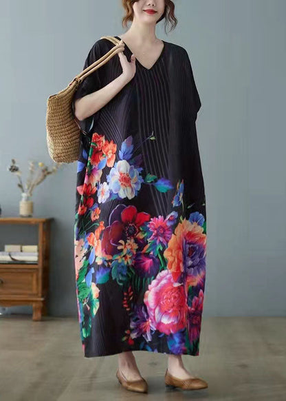 Black Print Asymmetrical Design Patchwork Silk Ankle Dress Summer