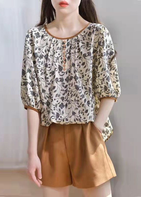 Khaki Chiffon O-neck Print Fall Half Sleeve Top