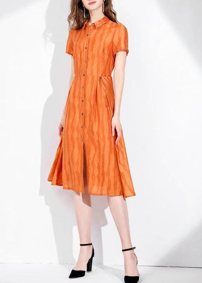 Orange Stand Collar Button Wave Print Silk Holiday Cinch Dress Short Sleeve