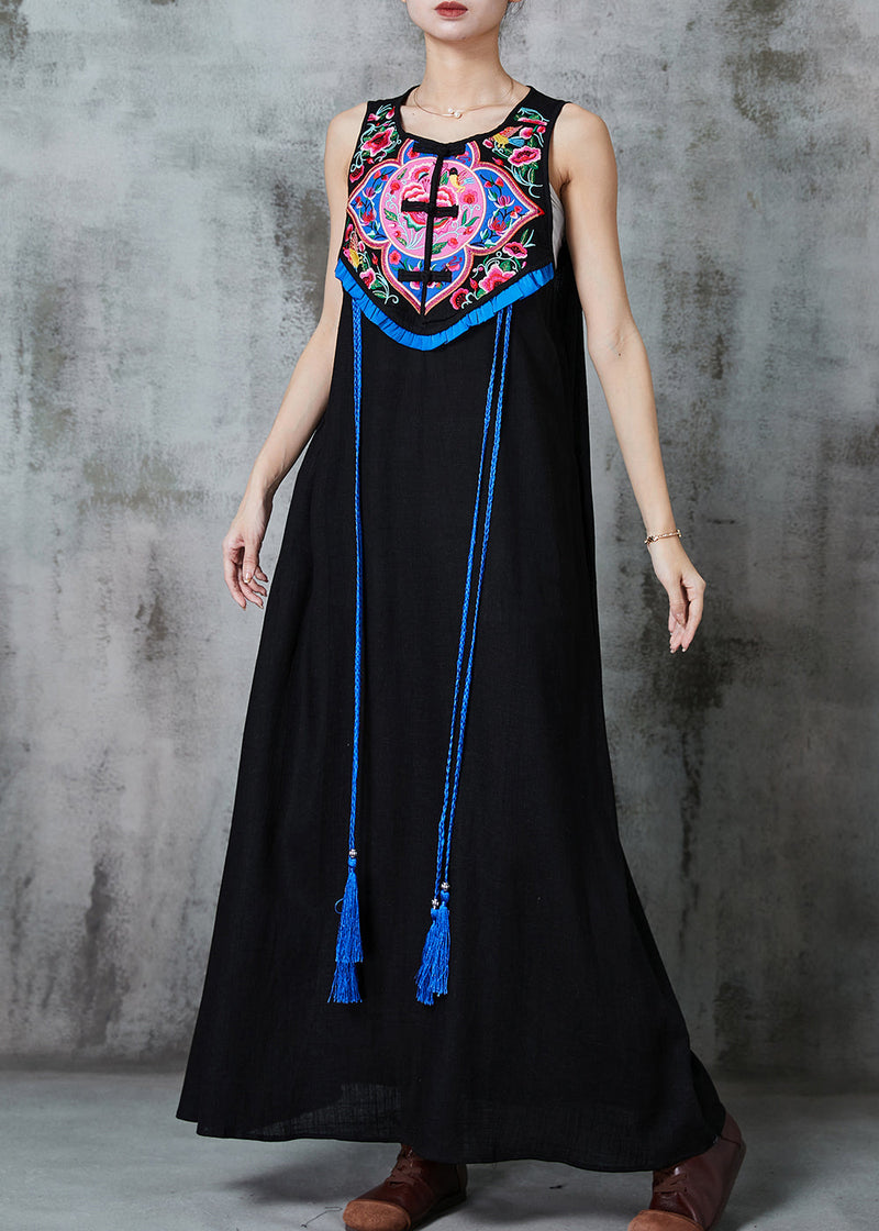 Style Black Embroidered Tasseled Cotton Holiday Dress Sleeveless