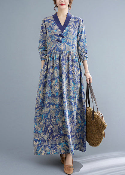 Style Blue Wrinkled V Neck Exra Large Hem Cotton Long Dresses Long Sleeve