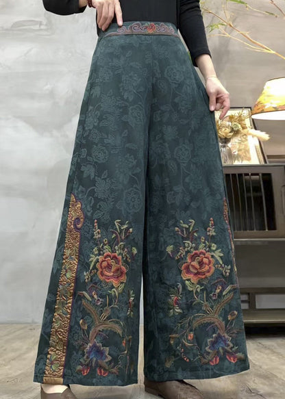 Style Navy Embroidered Cotton Wide Leg Pants Spring