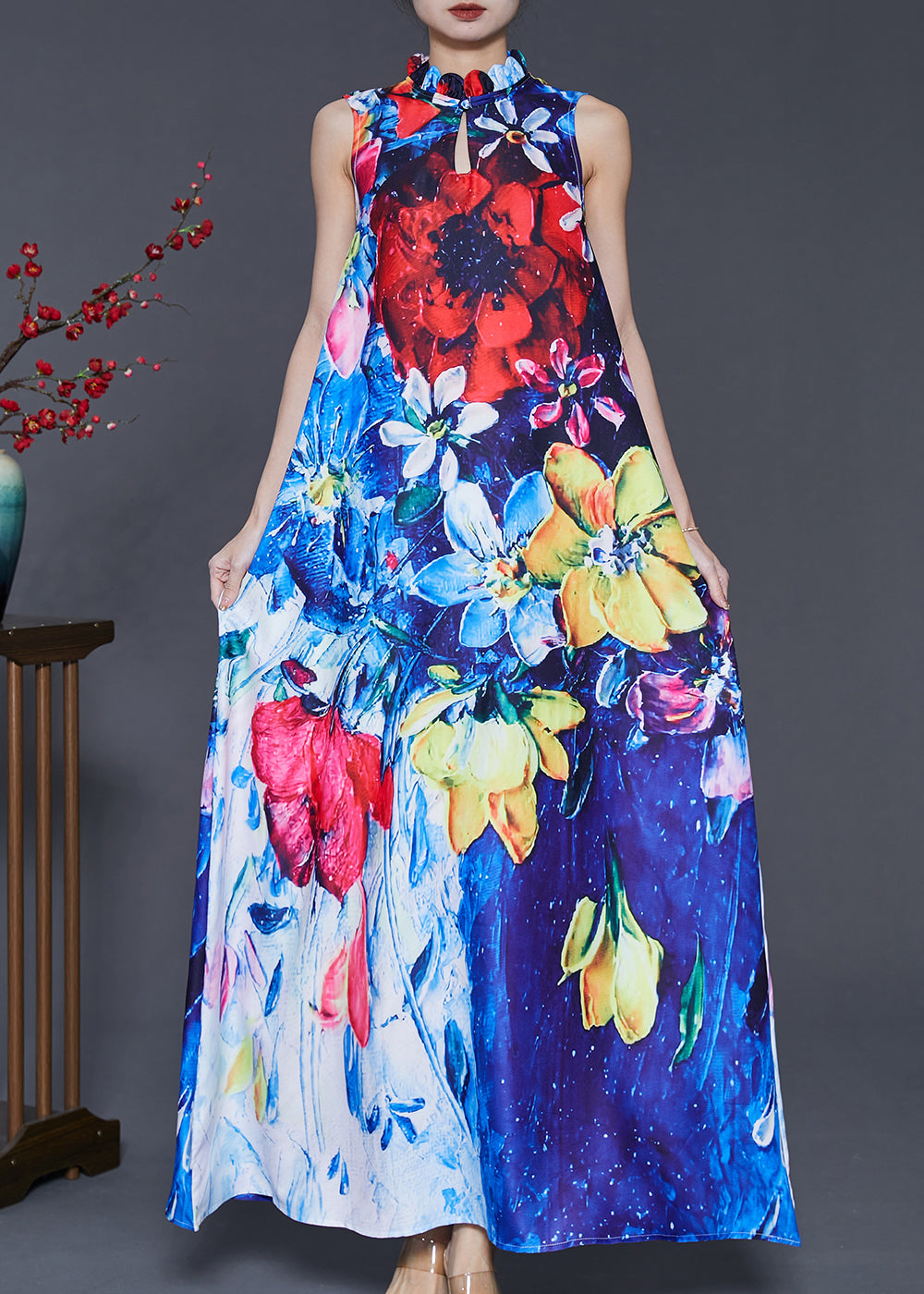 Style Peacock Blue Mandarin Collar Print Cotton Dresses Sleeveless