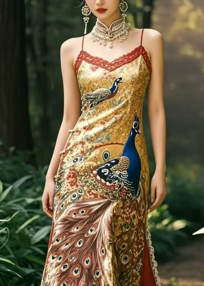 Style Peacock Print Patchwork Ruffles Silk Vestidos Dress Summer