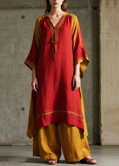 Style Red Oversized Patchwork Cotton Maxi Dresses Spring