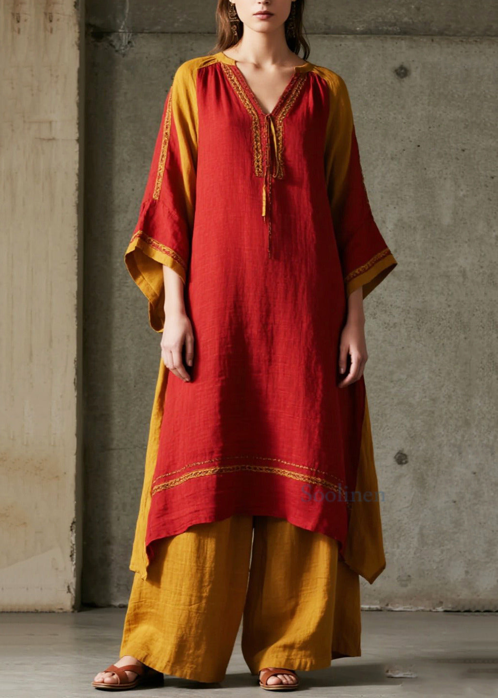 Style Red Oversized Patchwork Cotton Maxi Dresses Spring