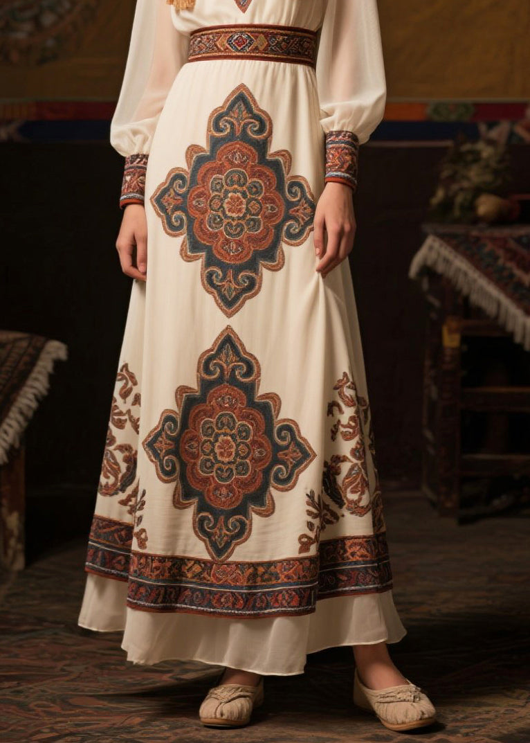 Style White Cinched Print Chiffon Long Dresses Fall