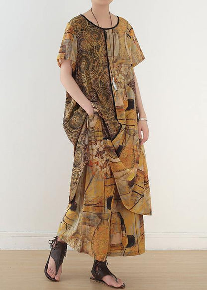Yellow Printed Mid Length + Loose Wide Leg Pants Suit
