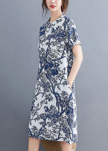 Blue Printed Buckle Loose Dress