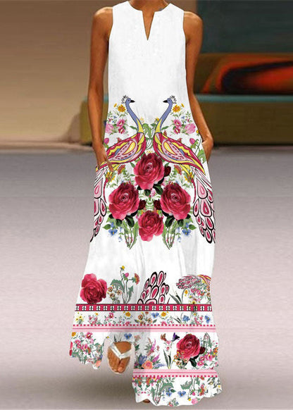 European and American Style Blue Print Chiffon Long Dress Summer