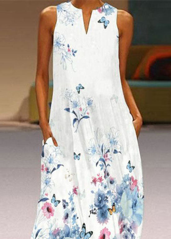 European and American Style Blue Print Chiffon Long Dress Summer