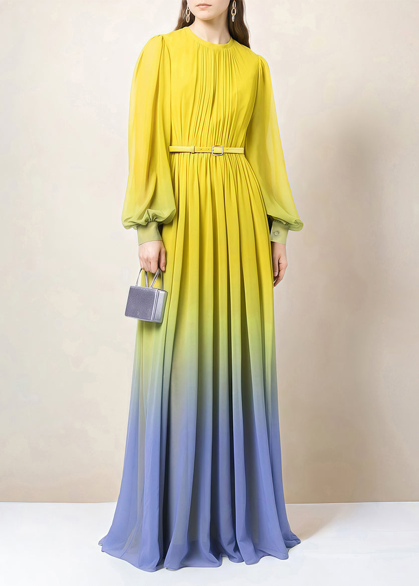 European and American Style Yellow Gradient Wrinkled Silk Dresses Summer