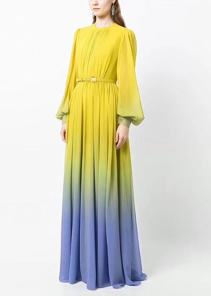 European and American Style Yellow Gradient Wrinkled Silk Dresses Summer