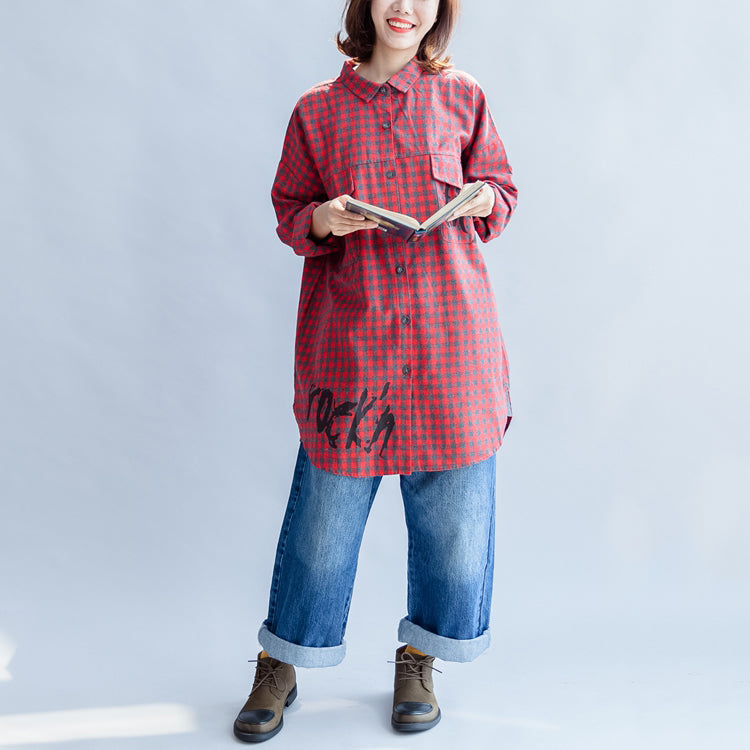 Fall Grid Alphabet Prints Red Cotton Shirts Long Sleeve Tops