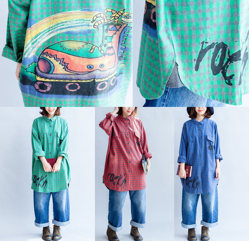 Fall Grid Alphabet Prints Red Cotton Shirts Long Sleeve Tops