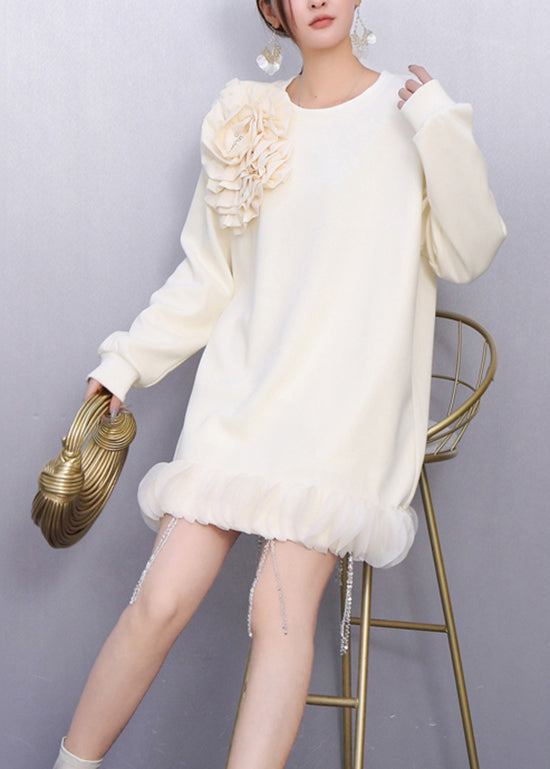 Fall Beige Decorated Crystal Tassel Patchwork Dress