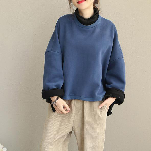 Fall Winter Quilted Blue High Neck Fleece Cotton Tops