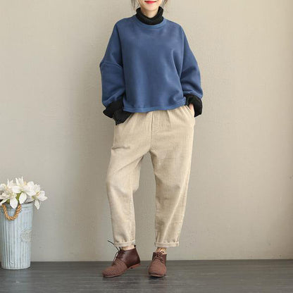Fall Winter Vintage Casual Quilted Blue High Neck Fleece Women Cotton Tops