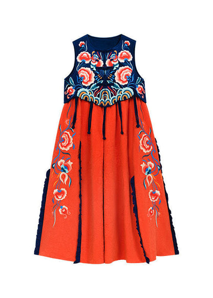 Famous Family Style Orange Embroideried O-neck Embroideried Patchwork Long Dress Sleeveless