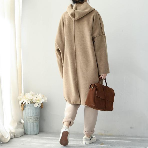 Khaki Simple Hoodie Medium Length Woolen Coat for