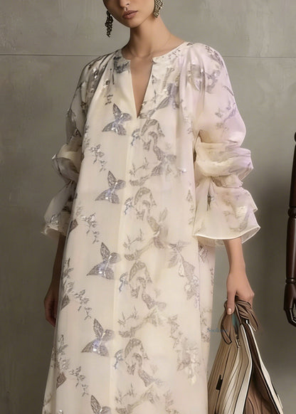 Apricot Butterfly Sequins Cotton Dress Flare Sleeve