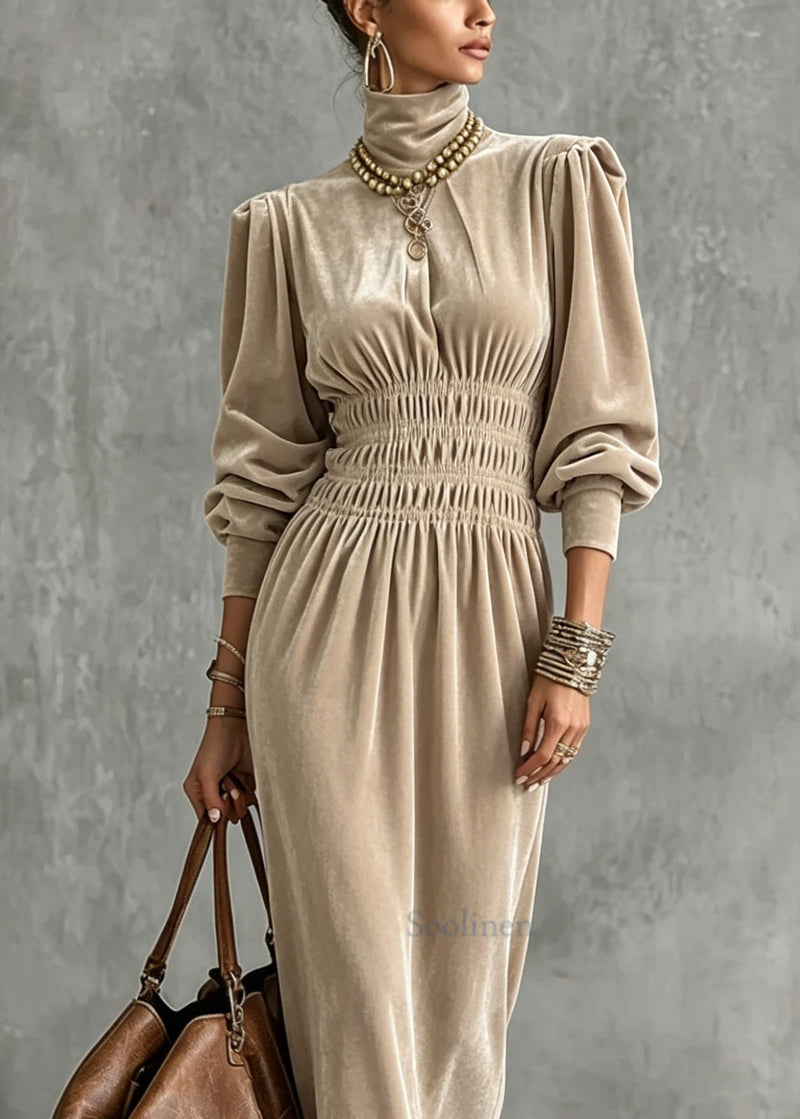 Apricot Hign Neck Wrinkled Patchwork Velvet Dress Lantern Sleeve