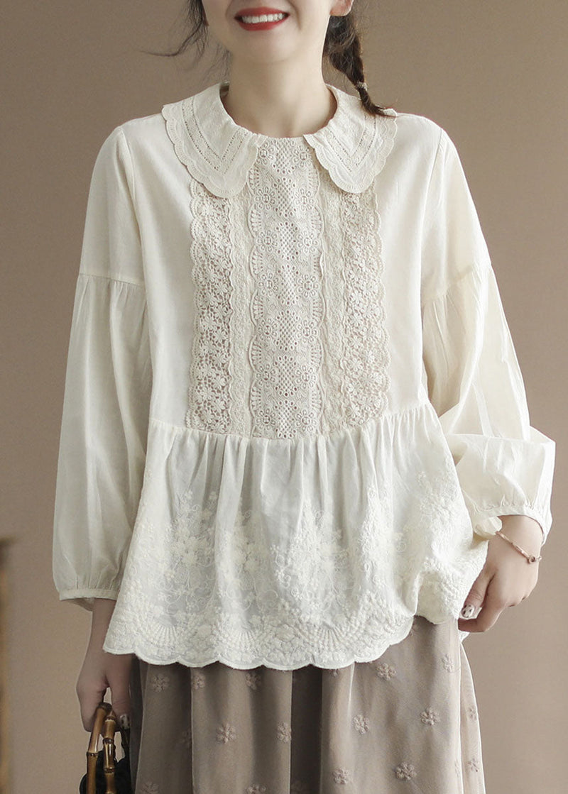 Apricot Peter Pan Collar Embroideried Cotton Shirt Tops Spring