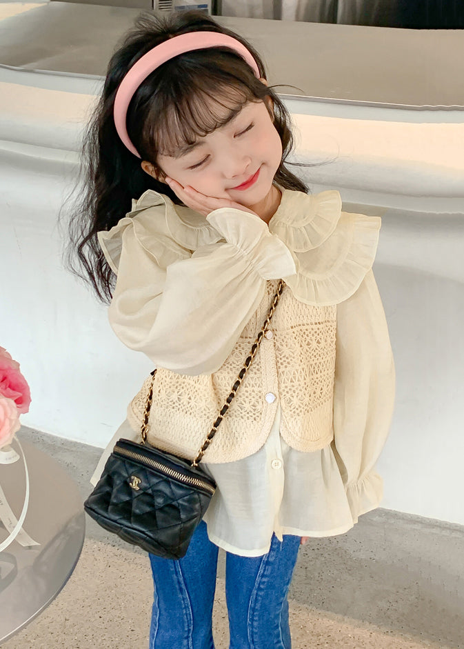 Apricot Peter Pan Collar False Two Pieces Cotton Knit Shirt Spring