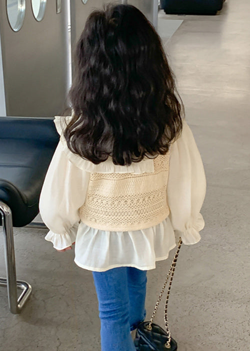 Apricot Peter Pan Collar False Two Pieces Cotton Knit Shirt Spring